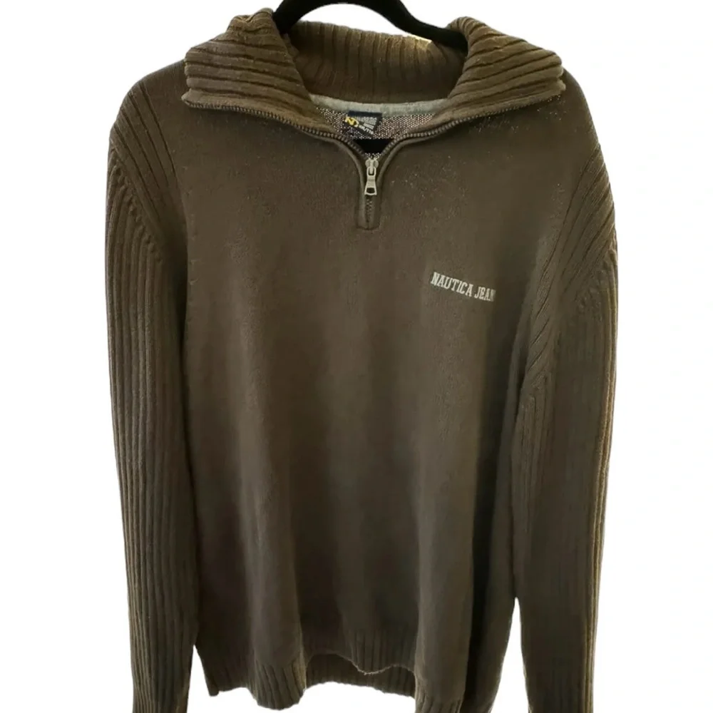 Nautica Jeans Co Brown 1/4 Zip Sweater Cotton XXL Logo Men‎ Ribbed VTG